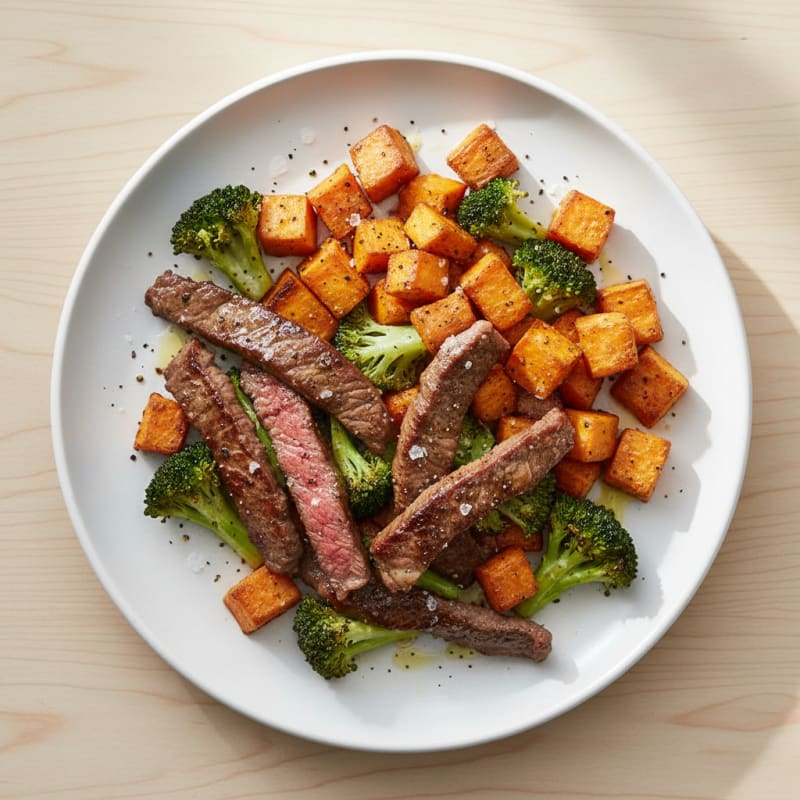 Seared Lean Beef Strips with Roasted Broccoli and Sweet Potato