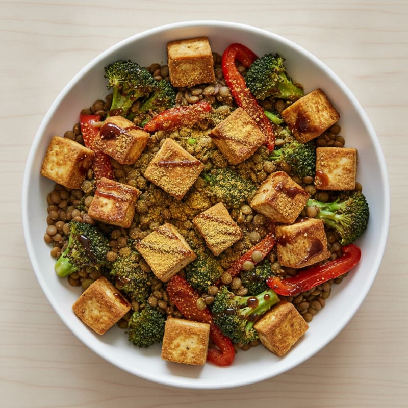 Crispy Tofu and Lentil Power Bowl with Roasted Vegetables