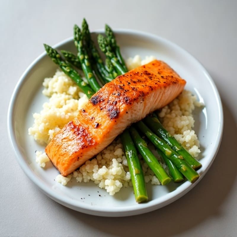 Seared Salmon with Steamed Asparagus and Cauliflower Rice