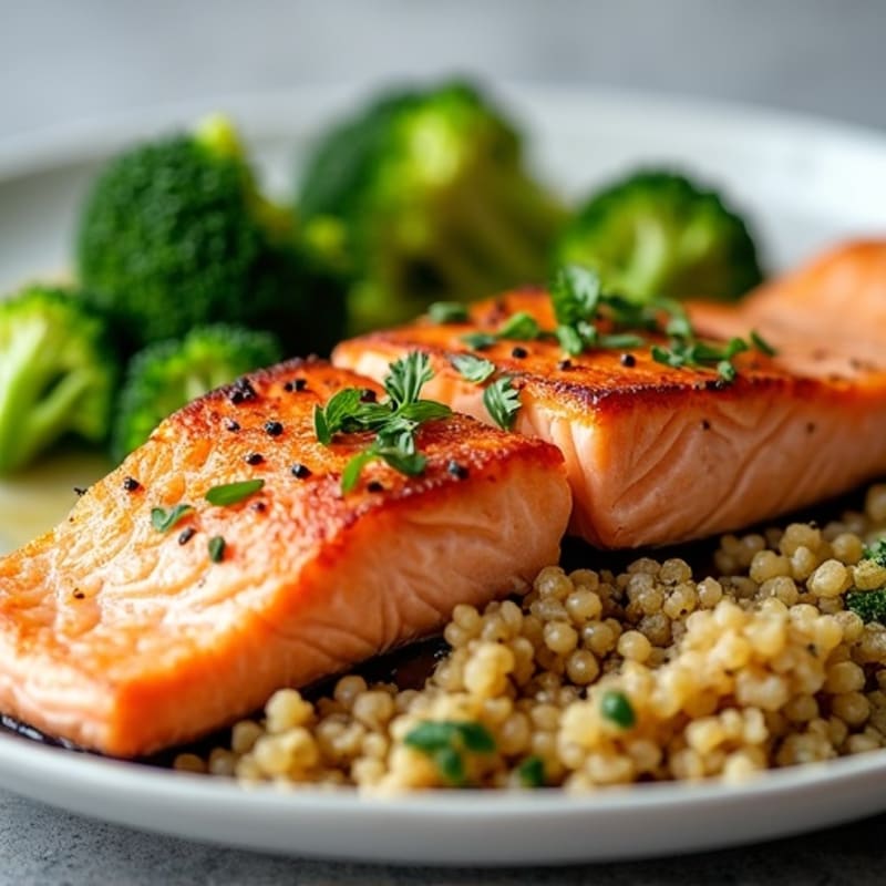 Seared Salmon with Steamed Broccoli and Quinoa