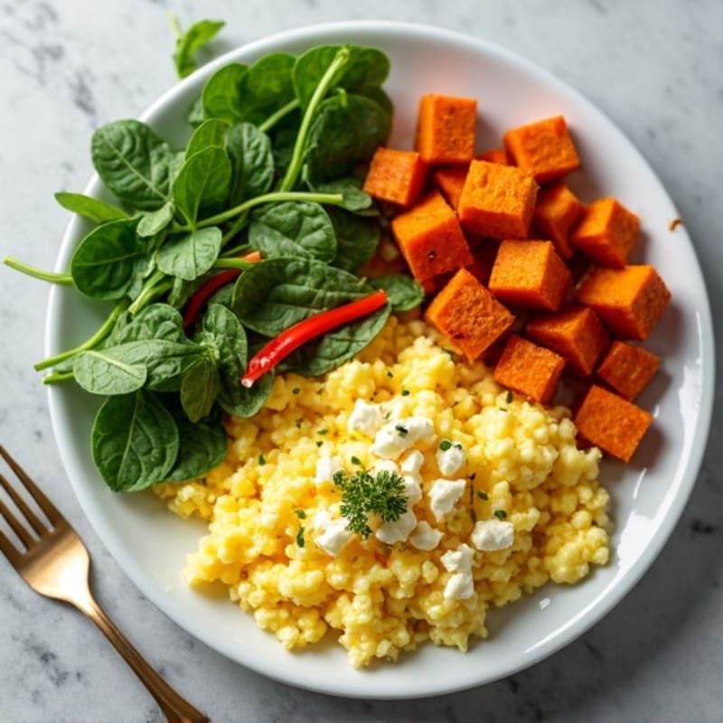 Herb-Loaded Egg Scramble with Crispy Sweet Potatoes
