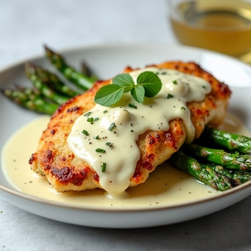 Creamy Garlic Herb Chicken Thighs with Roasted Asparagus