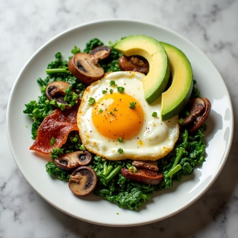 Egg White Spinach Scramble with Turkey Bacon and Sautéed Mushrooms