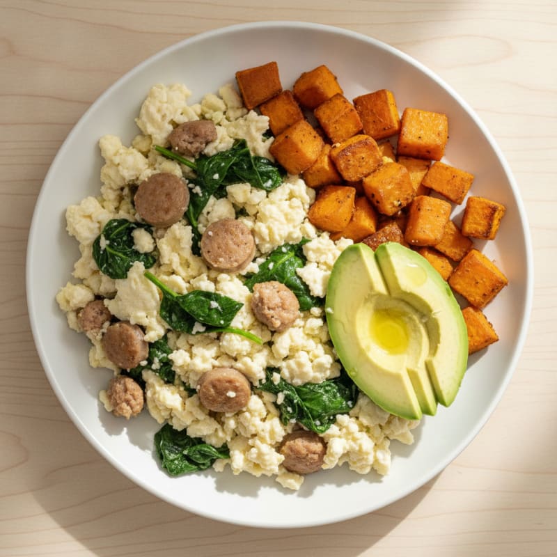 Egg White and Turkey Sausage Scramble with Sautéed Spinach