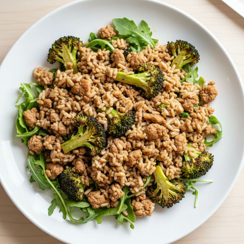 Ground Turkey and Roasted Broccoli Salad with Brown Rice