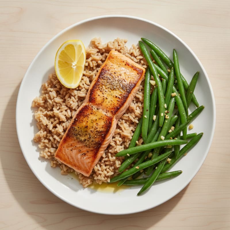 Seared Salmon with Garlic Green Beans and Brown Rice