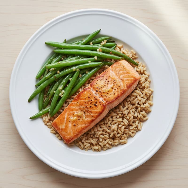 Seared Salmon Fillet with Garlic Green Beans and Brown Rice