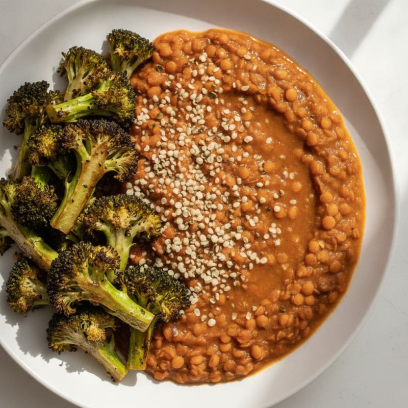 Lentil and Hemp Seed Stew with Roasted Broccoli