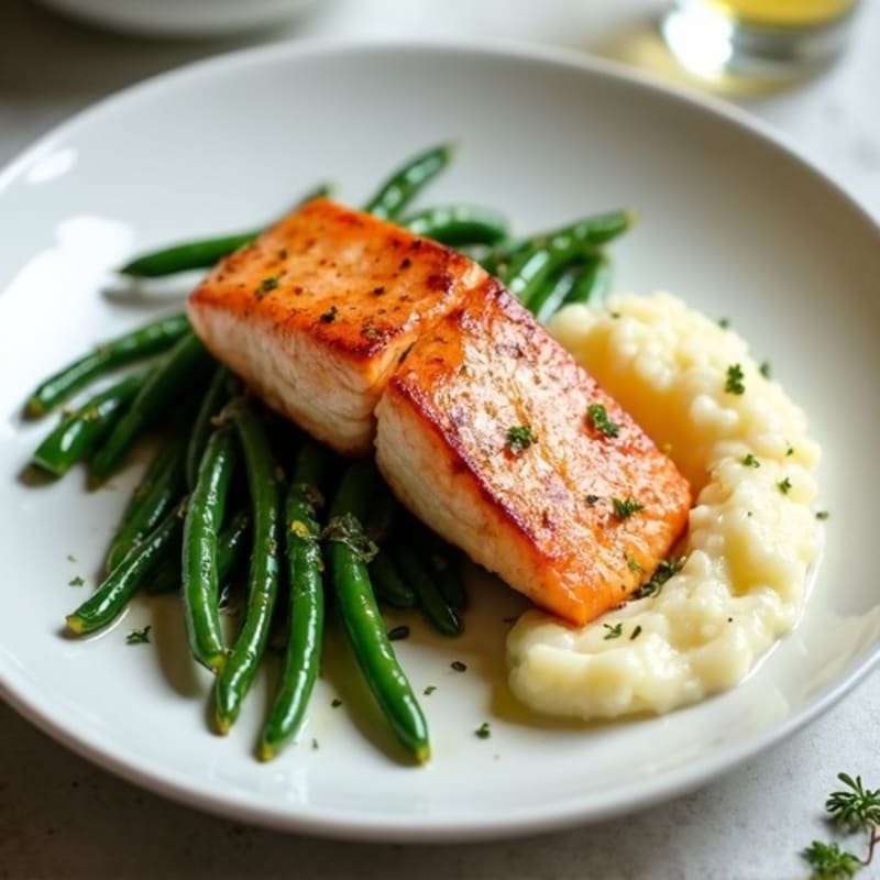 Seared Salmon with Garlic Green Beans and Cauliflower Mash