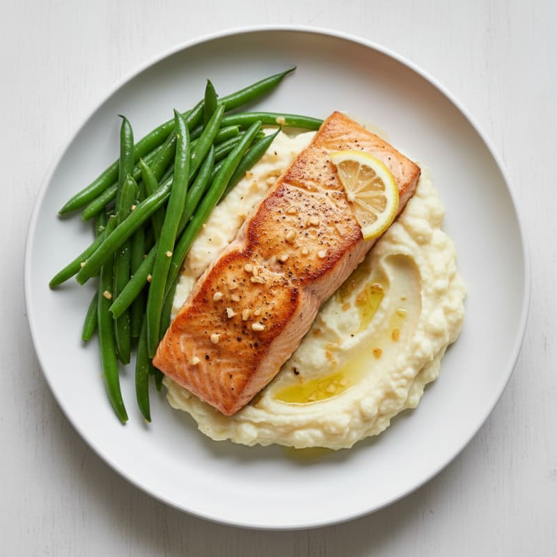 Seared Salmon Fillet with Steamed Green Beans and Cauliflower Mash