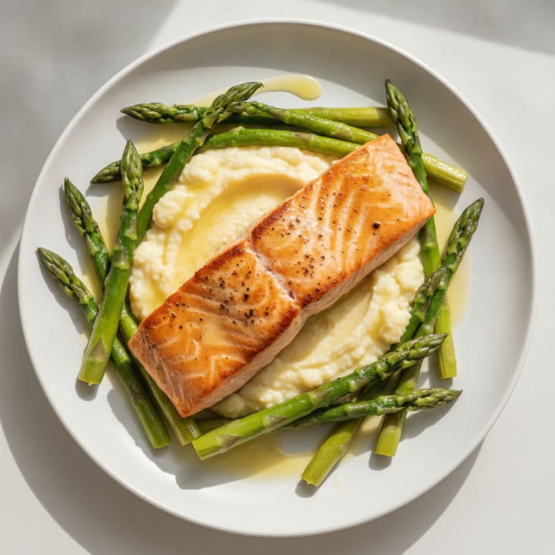 Seared Salmon with Steamed Asparagus and Cauliflower Mash