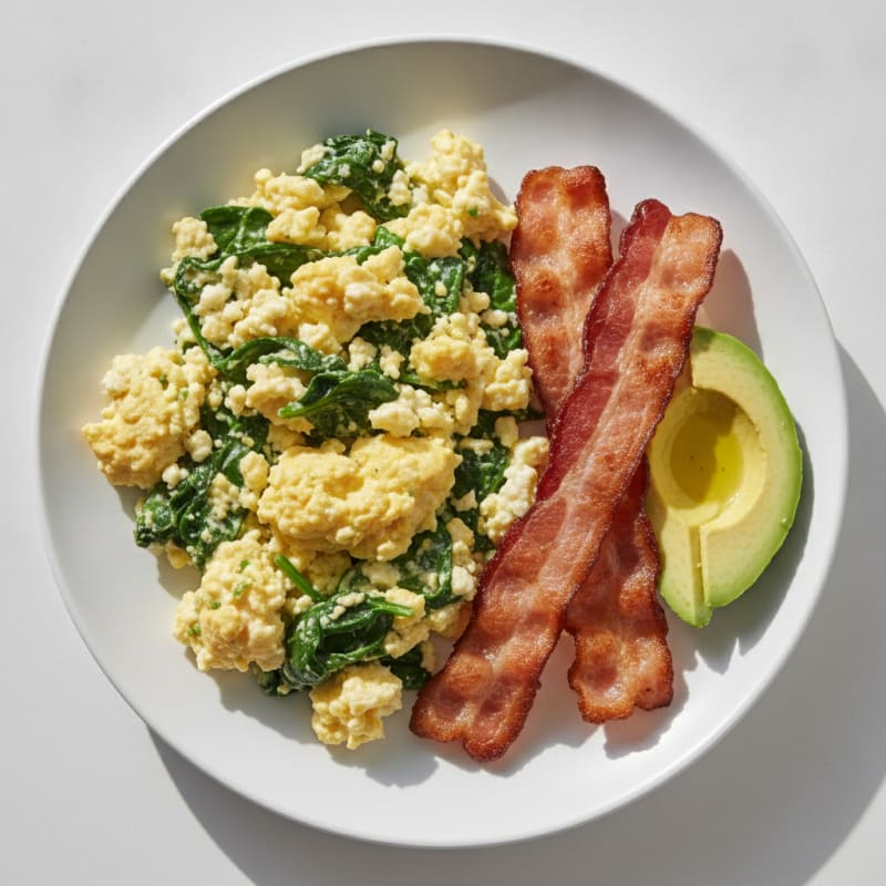 Cottage Cheese Scramble with Spinach and Turkey Bacon