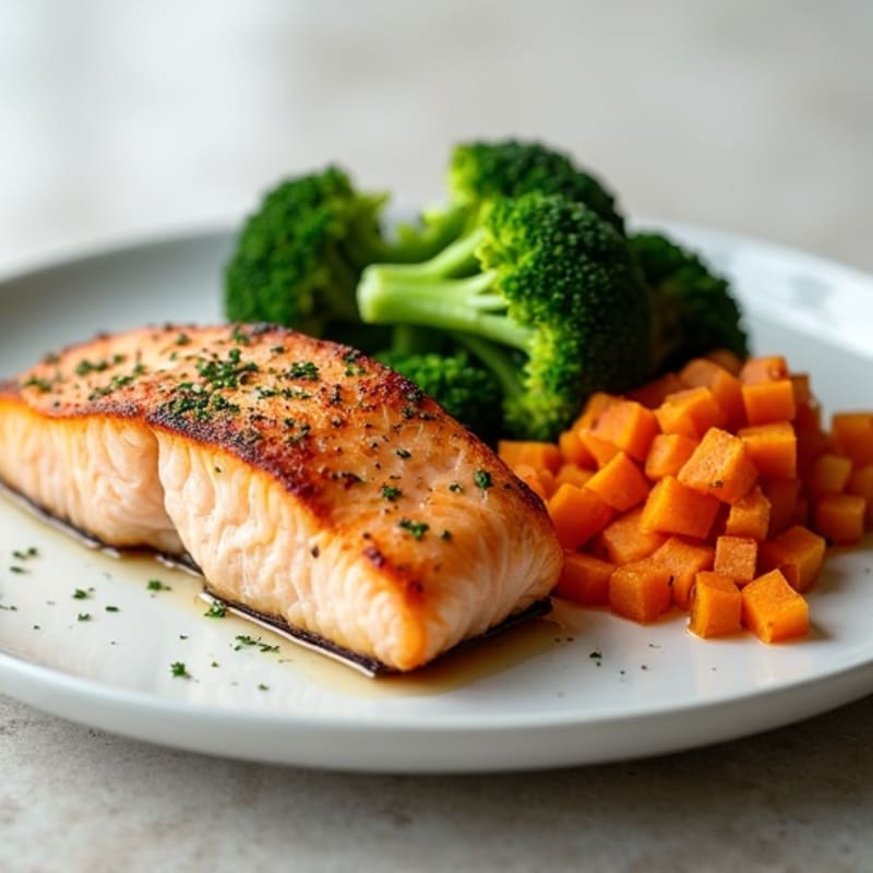 Seared Salmon with Steamed Broccoli and Roasted Sweet Potato