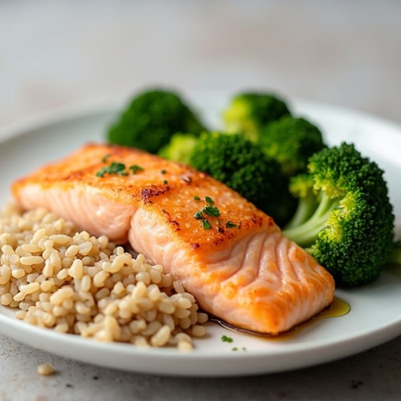 Baked Salmon with Steamed Broccoli and Brown Rice