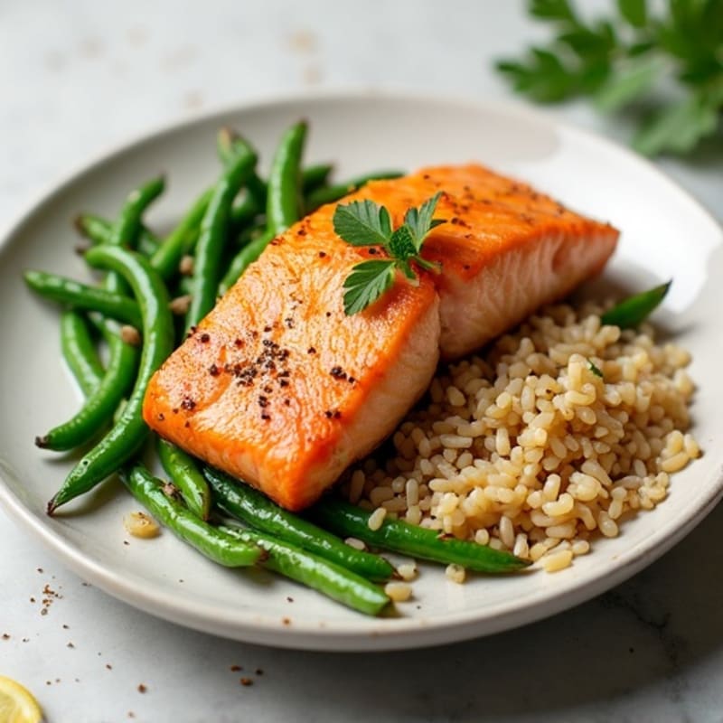 Baked Salmon with Garlic Green Beans and Brown Rice