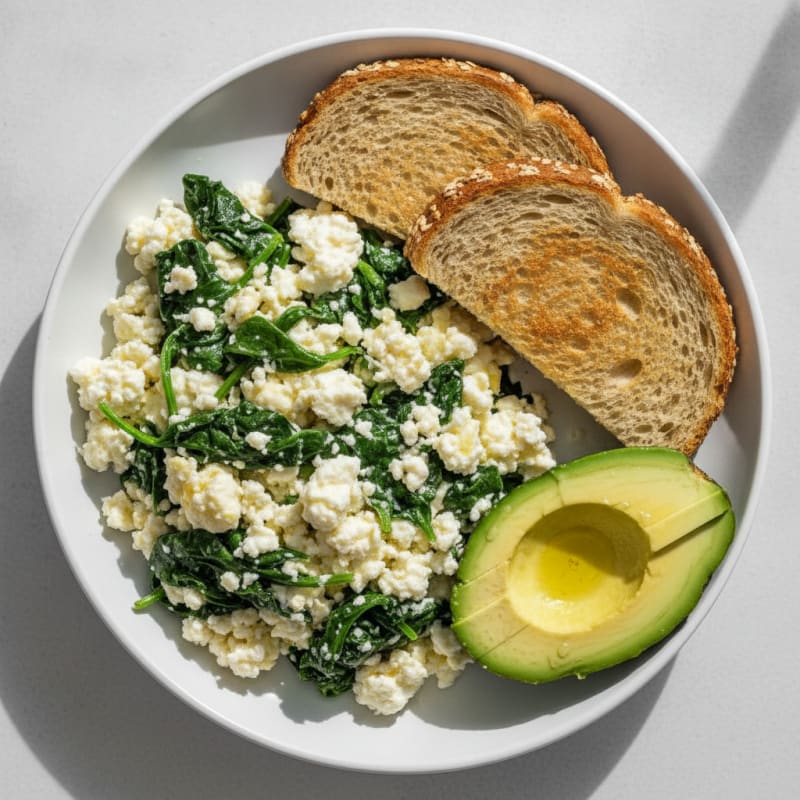 Egg White and Spinach Scramble with Cottage Cheese and Toast