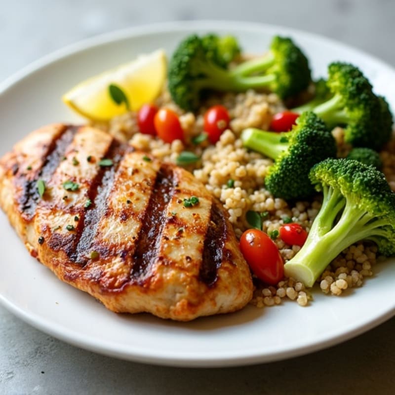 Grilled Chicken Breast with Roasted Broccoli and Quinoa Salad