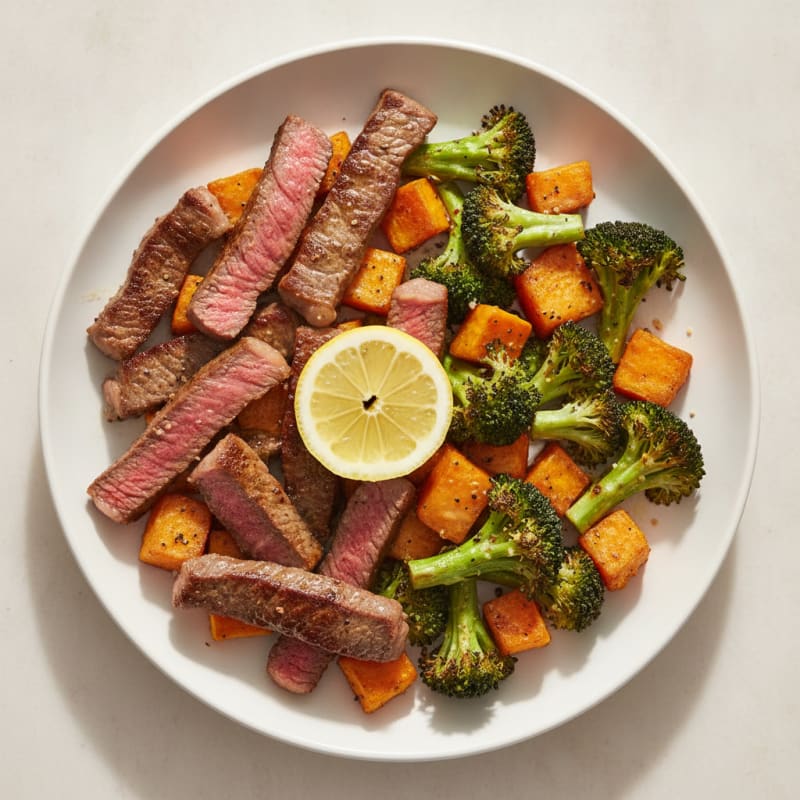 Seared Lean Beef Strips with Roasted Broccoli and Sweet Potato
