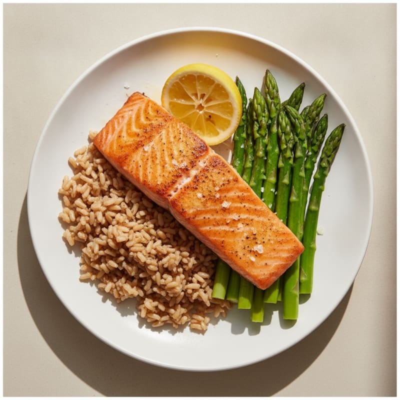 Seared Salmon with Steamed Asparagus and Brown Rice
