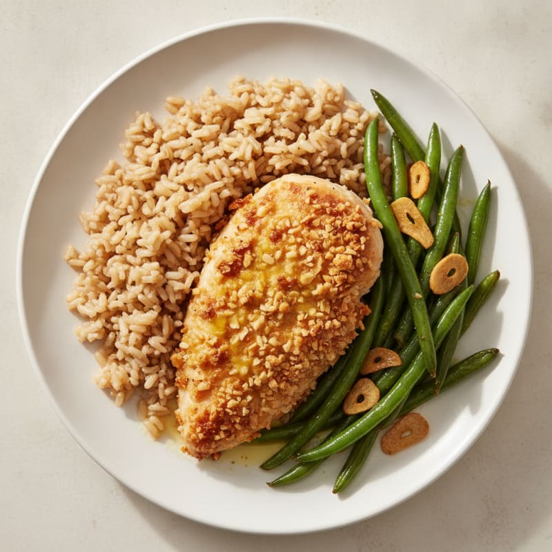 Crispy Chicken with Rice and Garlic Green Beans