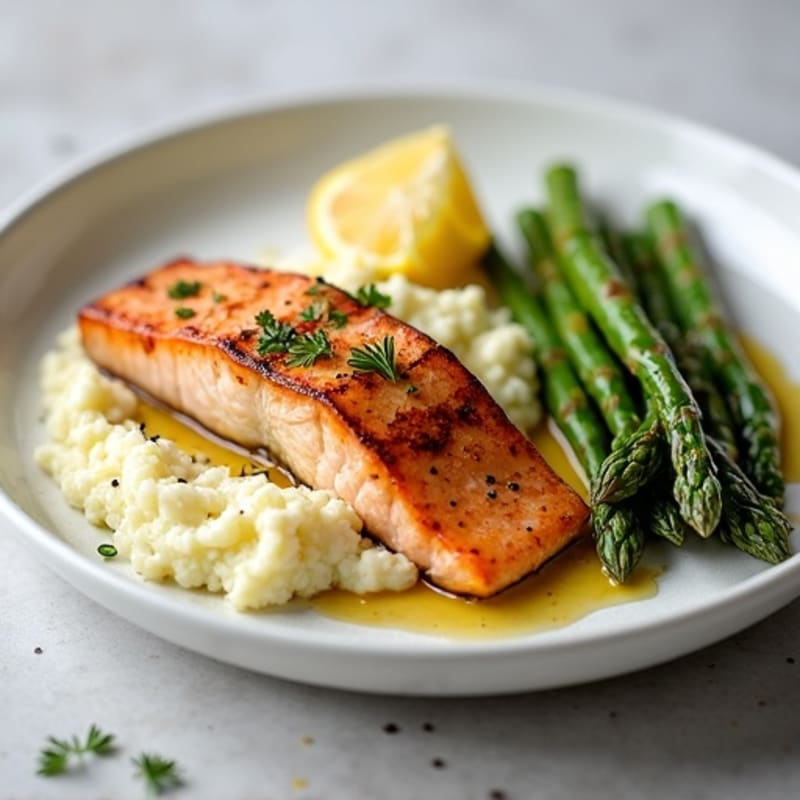 Seared Salmon with Roasted Asparagus and Cauliflower Mash