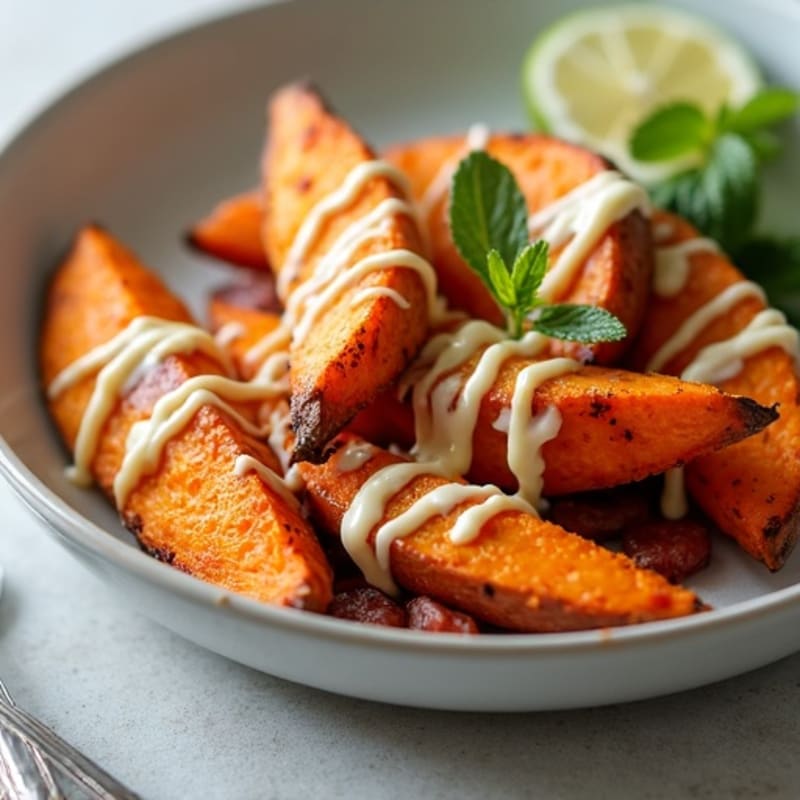 Crispy Roasted Sweet Potato Wedges with Lean Bacon and Cheesy Drizzle