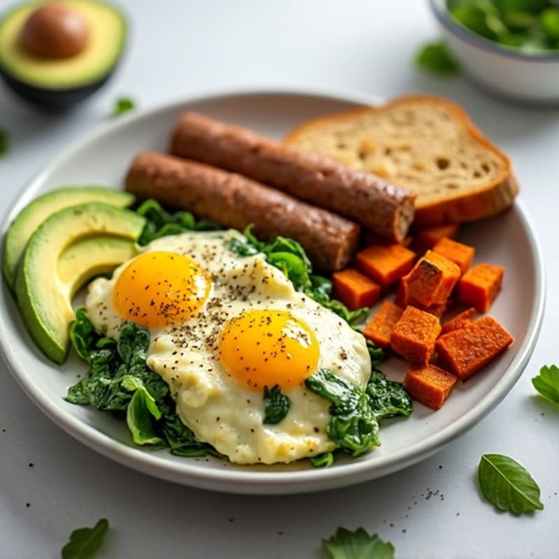Egg White Spinach Scramble with Turkey Sausage and Roasted Sweet Potatoes