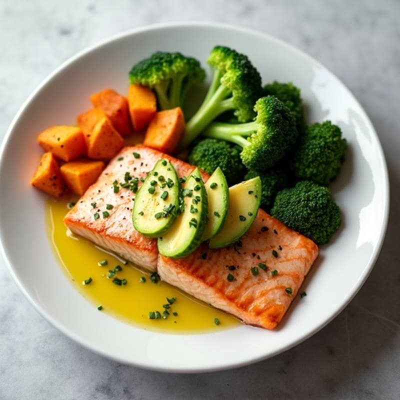 Seared Salmon with Roasted Sweet Potatoes and Steamed Broccoli