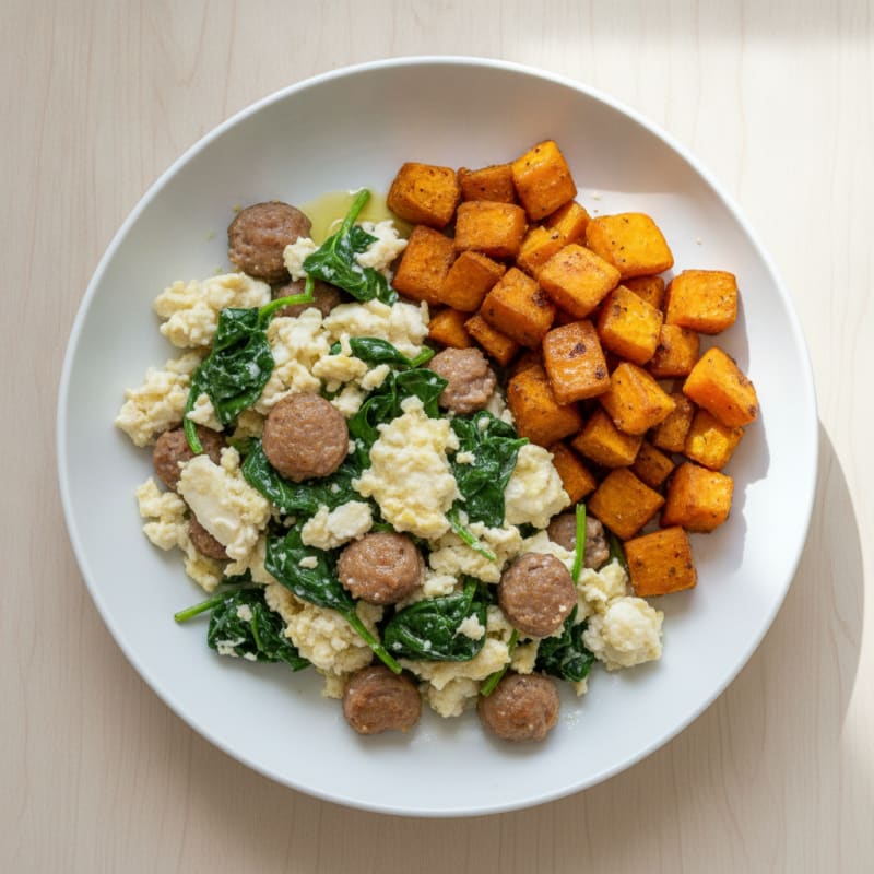 Egg White and Turkey Sausage Scramble with Spinach and Roasted Sweet Potatoes