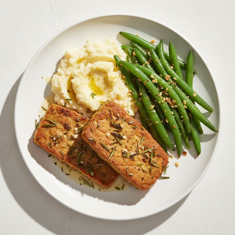 Herb-Roasted Tempeh with Garlic Green Beans and Mashed Cauliflower
