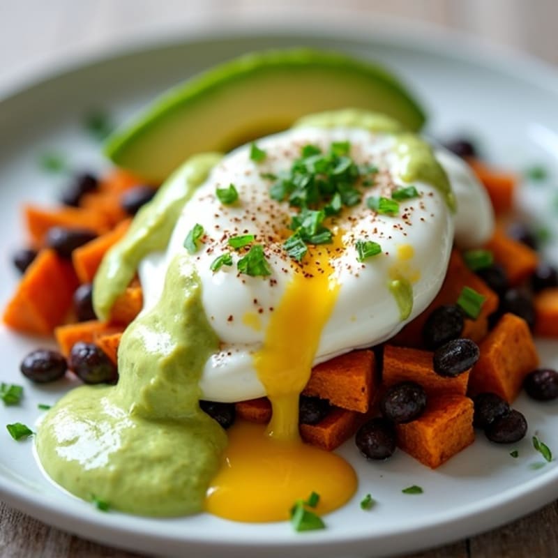 Poached Eggs with Creamy Avocado Sauce and Crispy Sweet Potato Hash