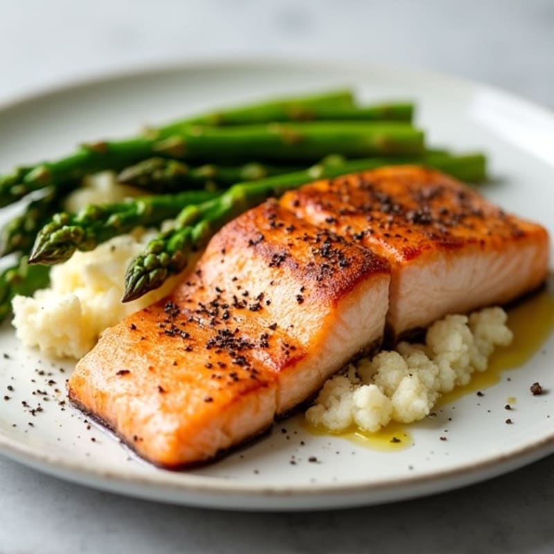 Seared Salmon with Roasted Asparagus and Cauliflower Mash