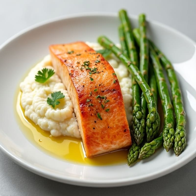 Seared Salmon with Steamed Asparagus and Cauliflower Mash