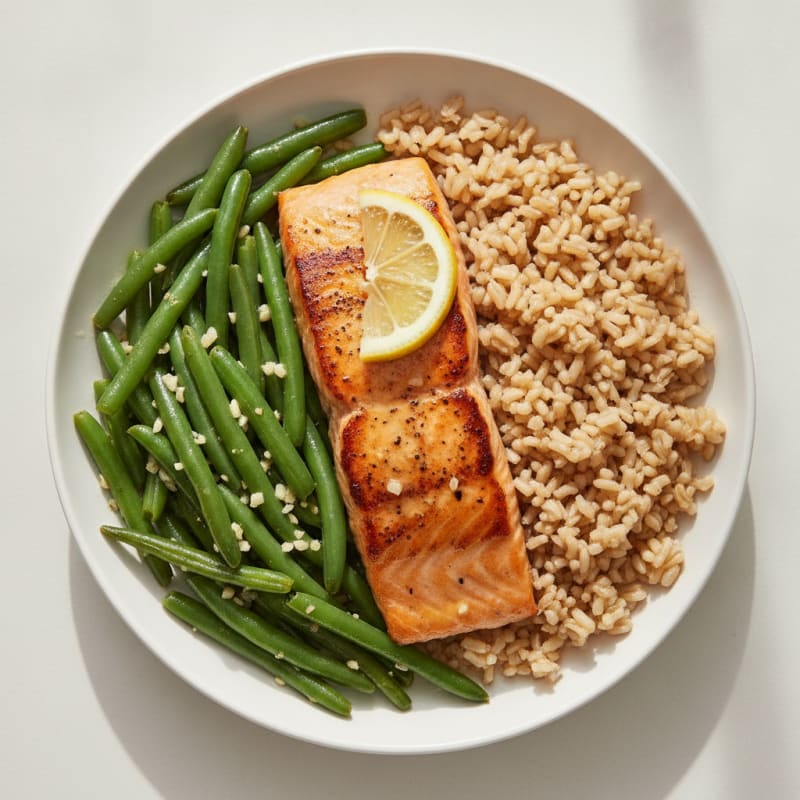 Seared Salmon with Garlic Green Beans and Steamed Brown Rice