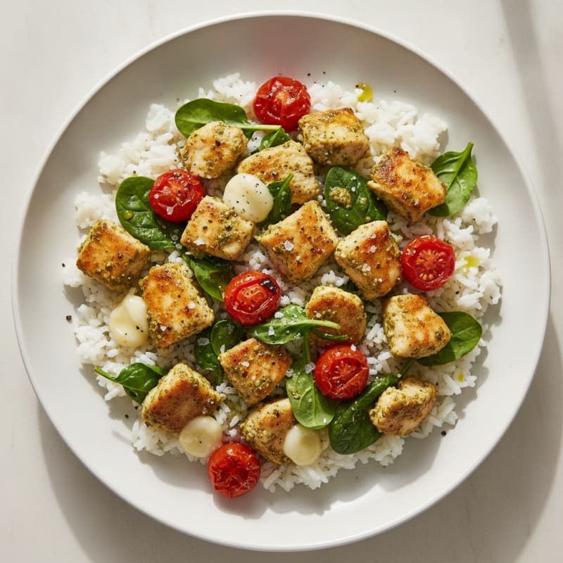Pesto Chicken and Rice Bowl with Roasted Tomatoes