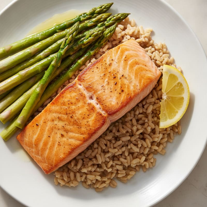 Seared Salmon with Steamed Asparagus and Brown Rice
