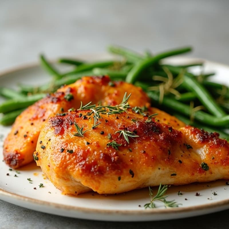 Crispy Lemon-Herb Chicken Thighs with Roasted Sweet Potatoes and Green Beans