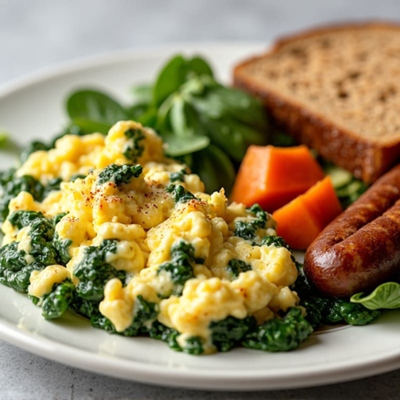 Egg White and Spinach Scramble with Turkey Sausage and Roasted Sweet Potatoes