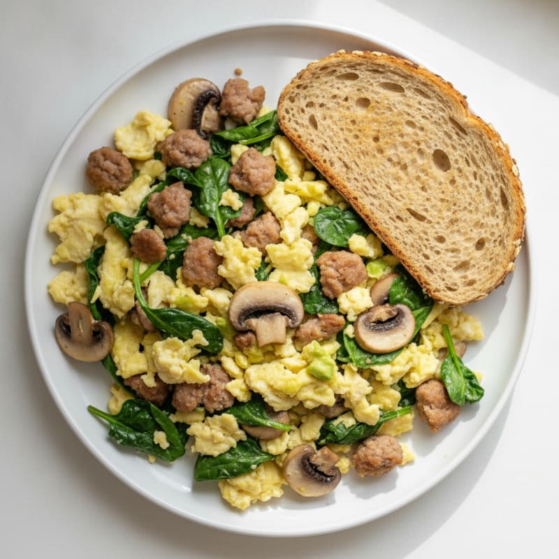 Egg White and Turkey Sausage Scramble with Spinach and Sautéed Mushrooms