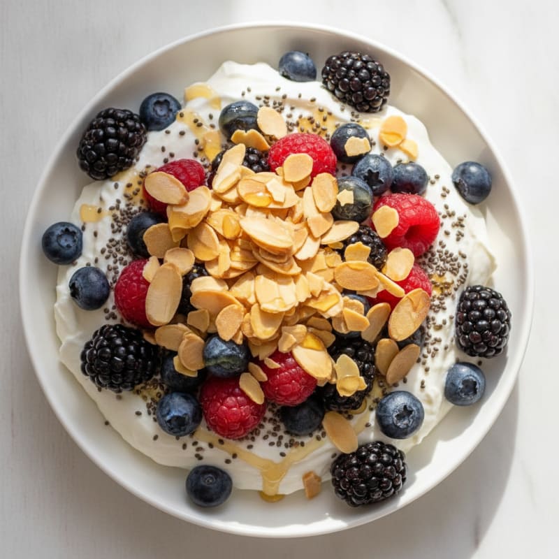 Greek Yogurt Berry Parfait with Chia Seeds and Sliced Almonds