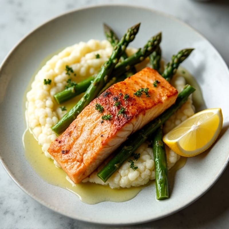 Seared Salmon with Roasted Asparagus and Cauliflower Mash