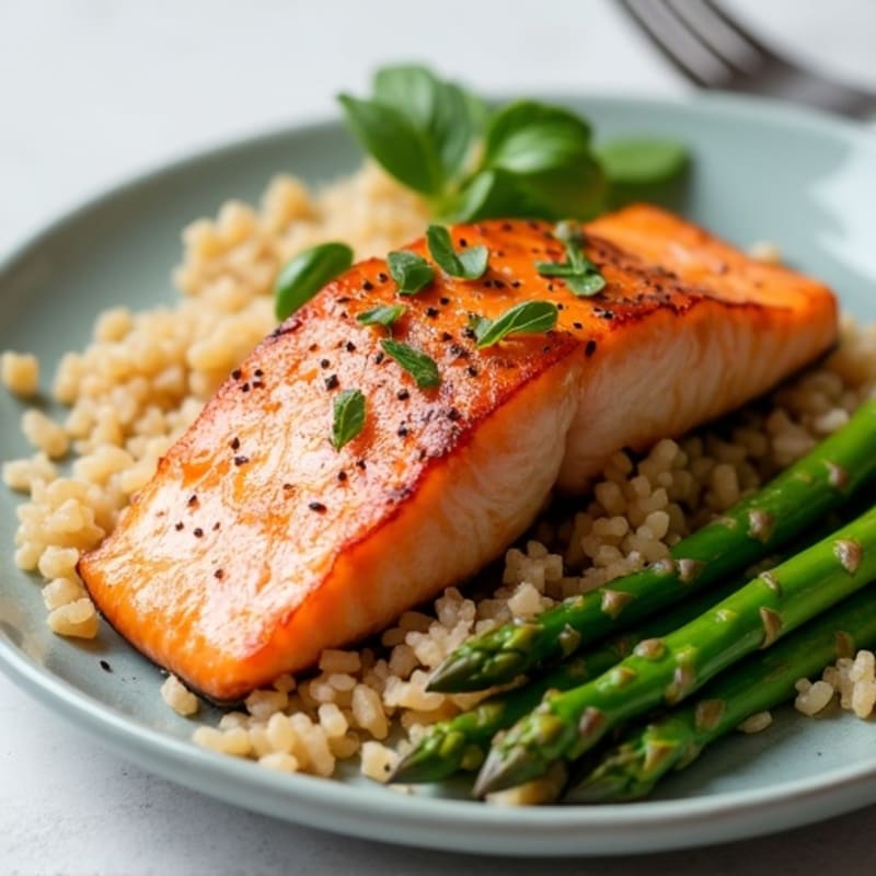 Seared Salmon with Steamed Asparagus and Brown Rice