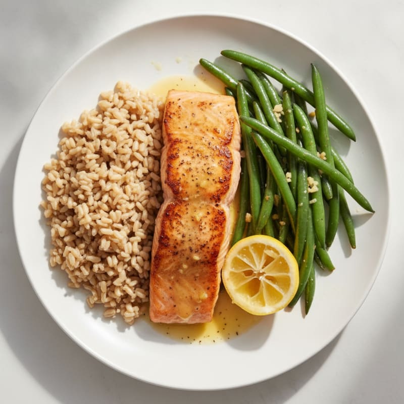Seared Salmon Fillet with Garlic Green Beans and Brown Rice