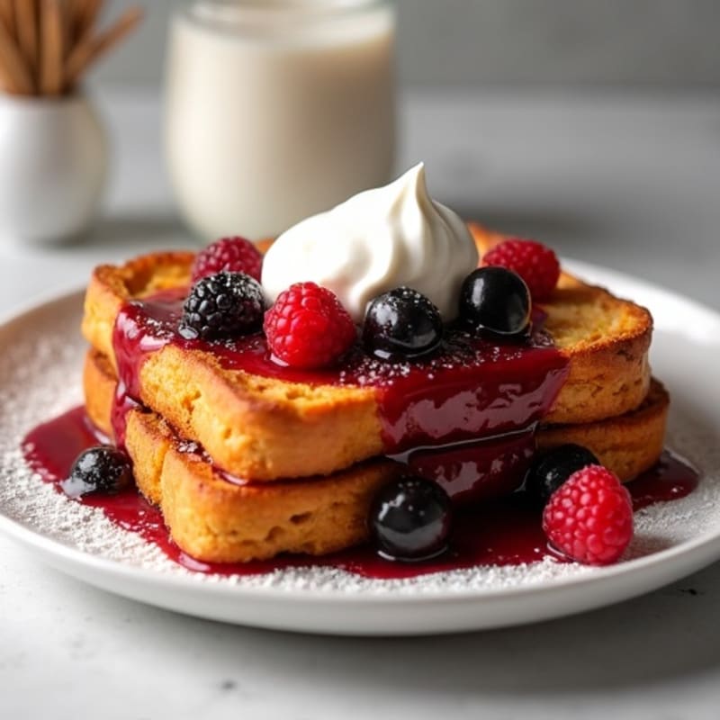Baked Whole Grain French Toast with Creamy Peanut Butter and Warm Berry Compote