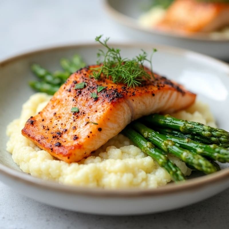 Seared Salmon with Steamed Asparagus and Garlic Cauliflower Mash