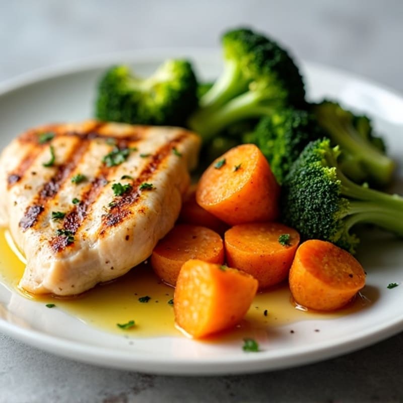 Grilled Chicken Breast with Roasted Sweet Potatoes and Broccoli