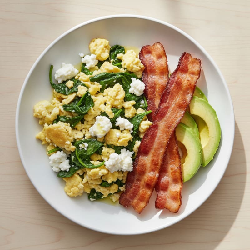 Cottage Cheese Egg Scramble with Spinach and Turkey Bacon