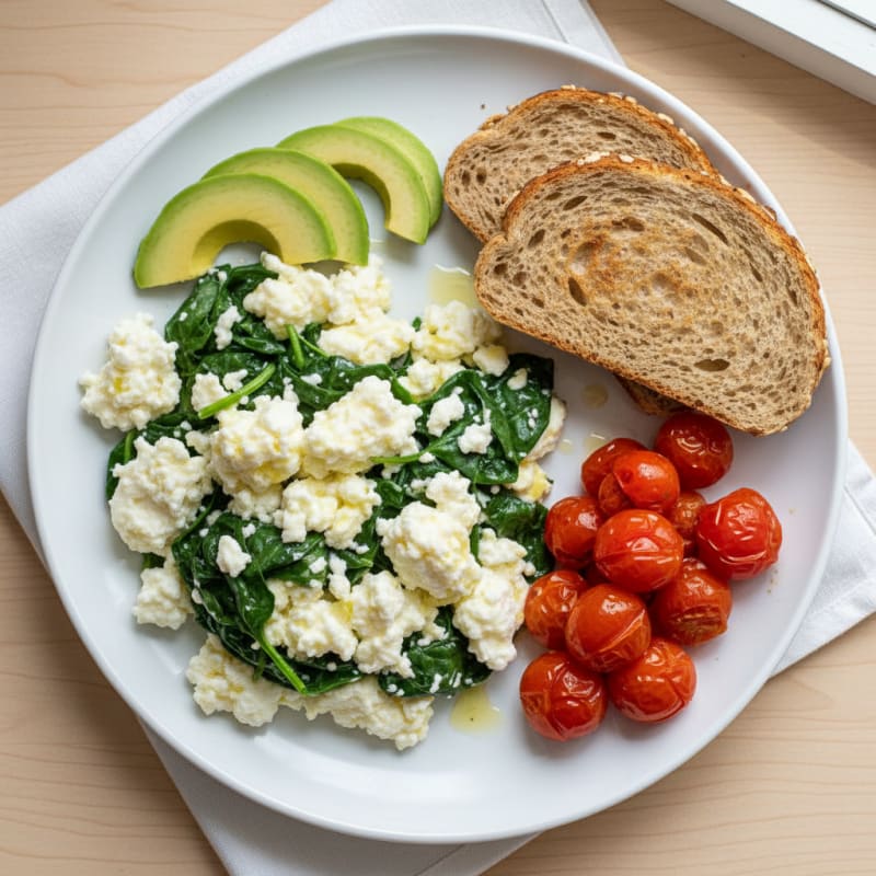 Egg White and Spinach Scramble with Cottage Cheese and Cherry Tomatoes