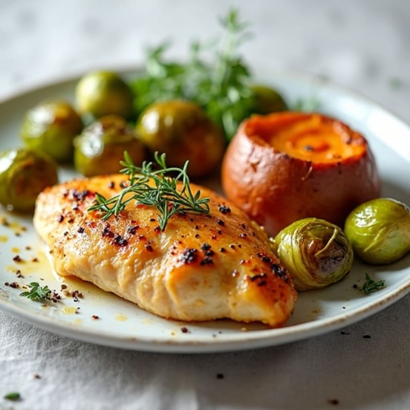 Herb-Roasted Chicken with Crispy Brussels Sprouts and Sweet Potato