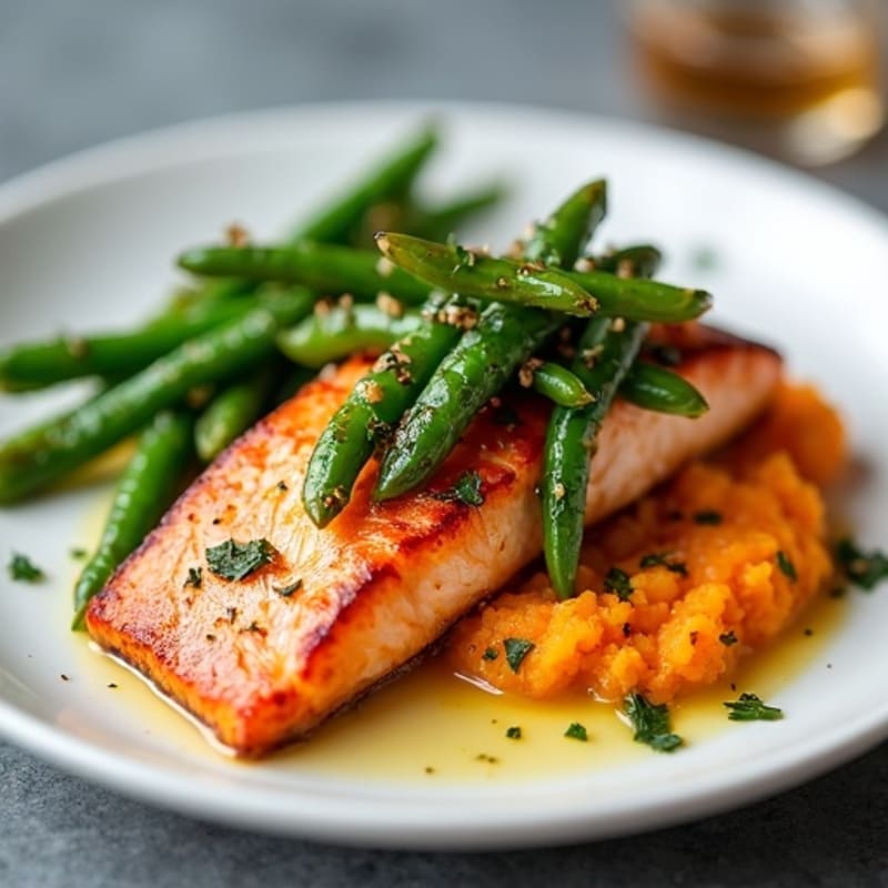 Seared Salmon with Garlic Green Beans and Sweet Potato Mash